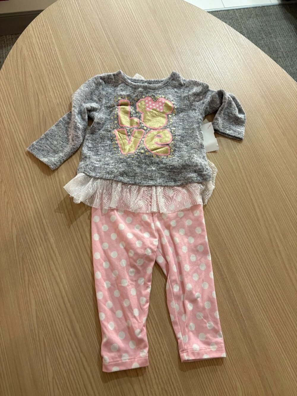 Disney Baby Minnie Mouse Outfit 3-6 Months Pink and Gray LOVE Graphic Polka Dot